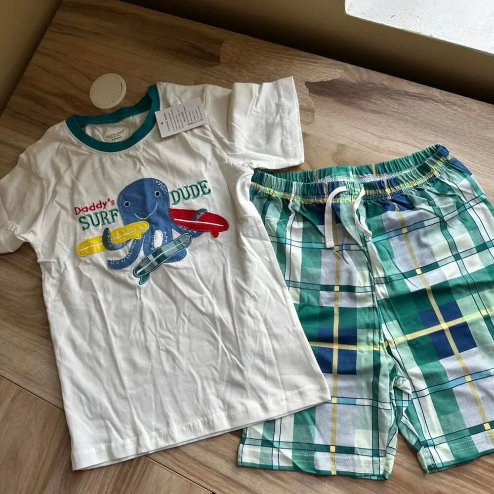 Hileelang Boys 6-7 Surf Dude Octopus T-Shirt Plaid Shorts 2PC set Cotton kids